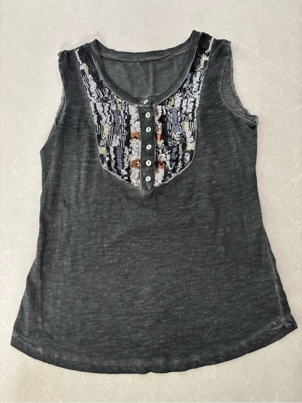 Free People Tiger Eyes Sequin Henley Tank Top Mineral Wash Gray